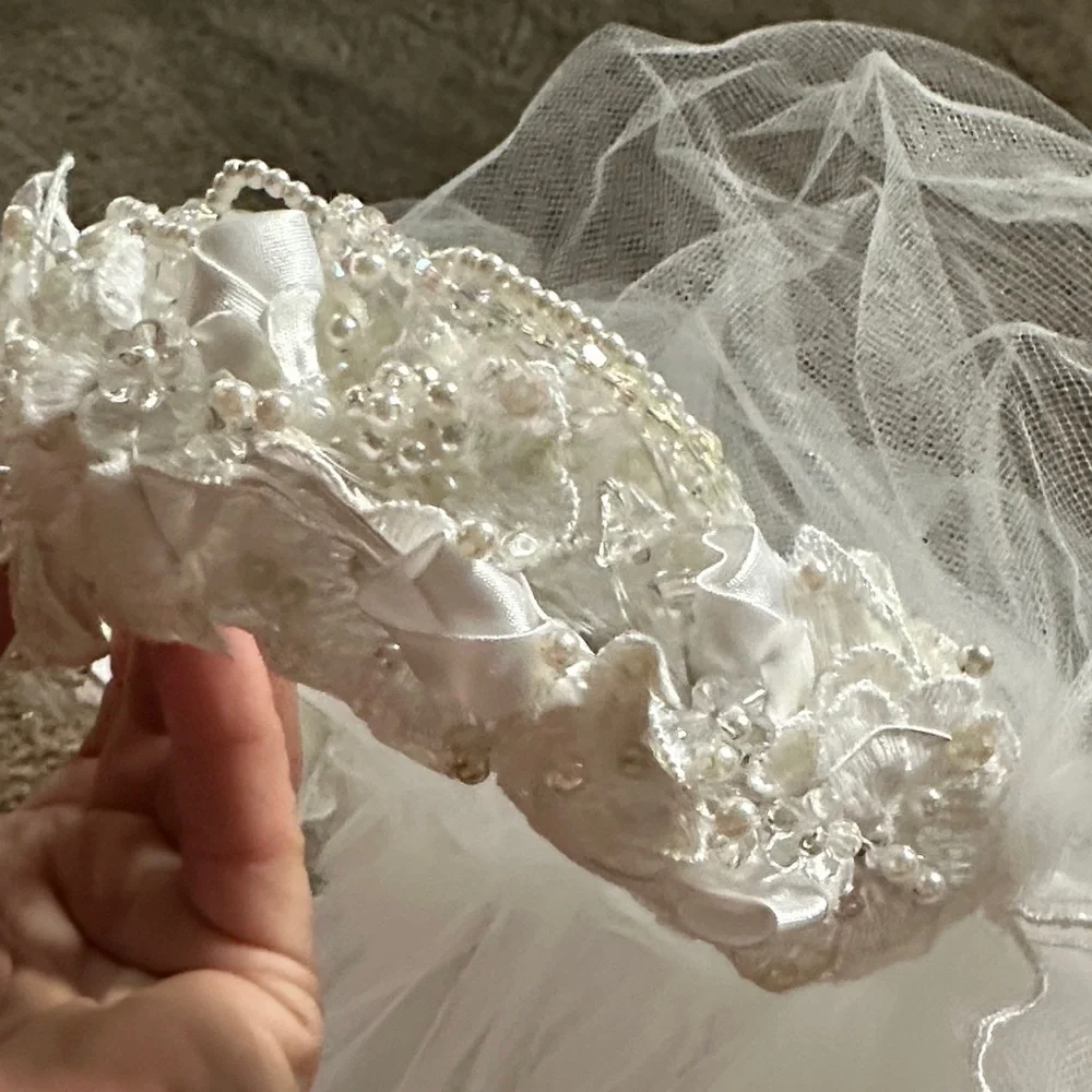 White Beaded Bridal Veil with Floral Applique